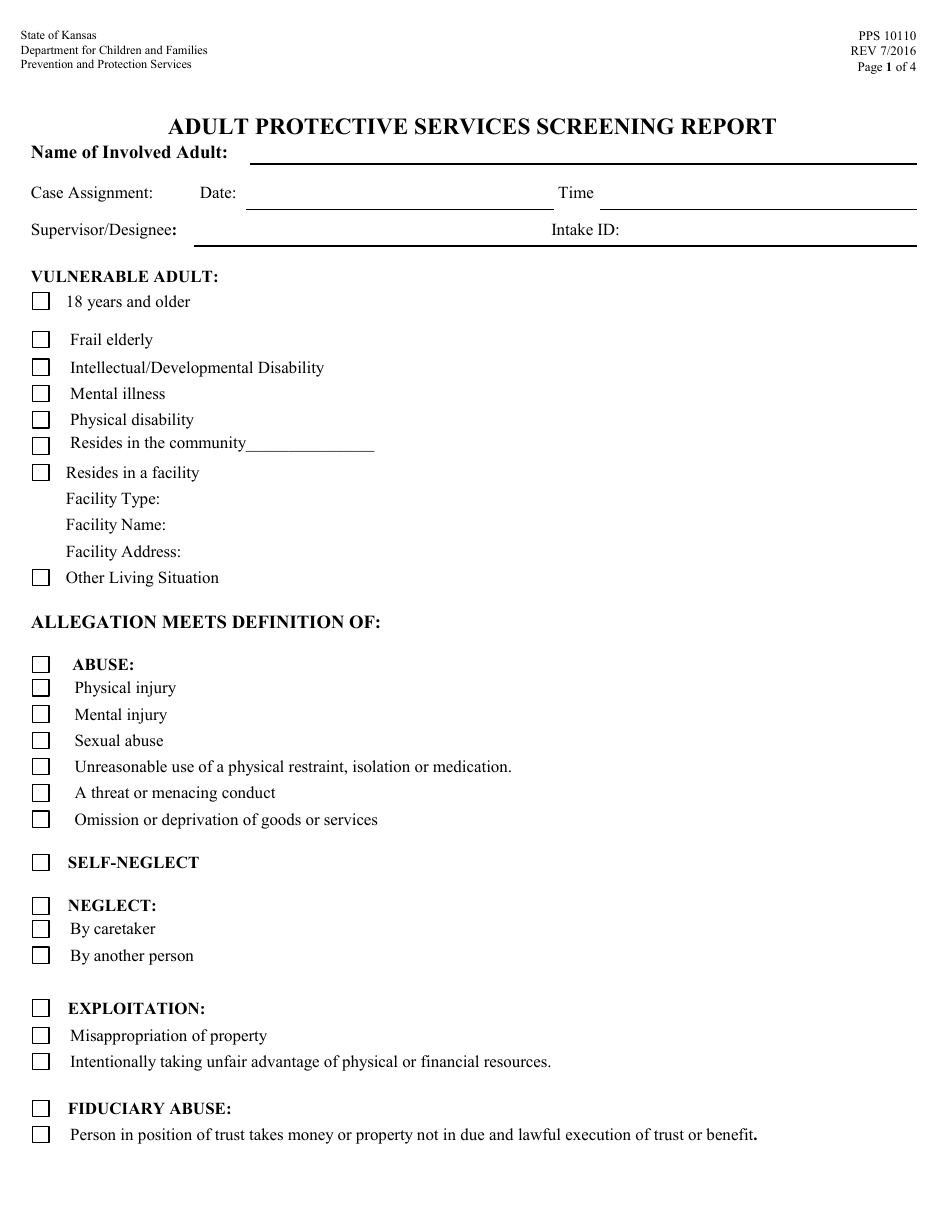Form PPS10110 Adult Protective Services Screening Report - Kansas, Page 1