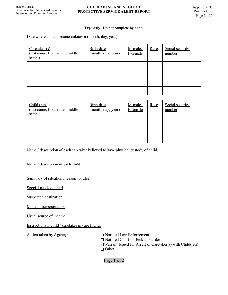 Appendix 1C Child Abuse and Neglect Protective Service Alert Report Form - Kansas, Page 1