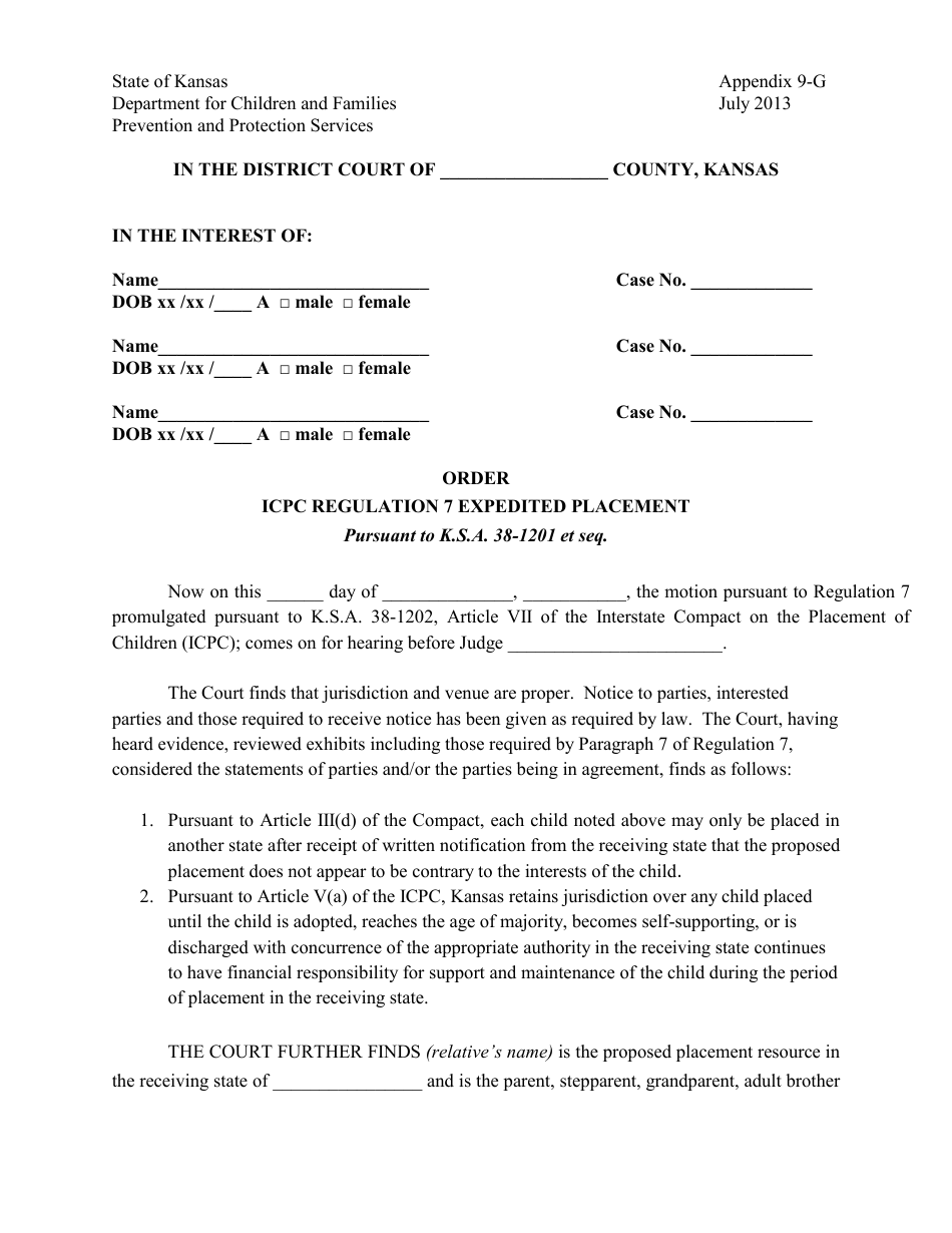 Appendix 9-G Order - Icpc Regulation 7 Expedited Placement - Kansas, Page 1