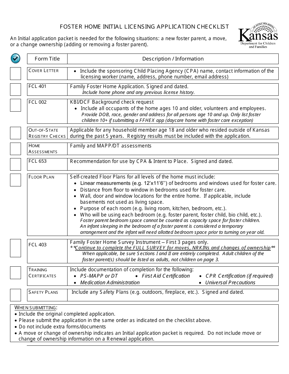 Foster Home Initial Licensing Application Checklist - Kansas, Page 1