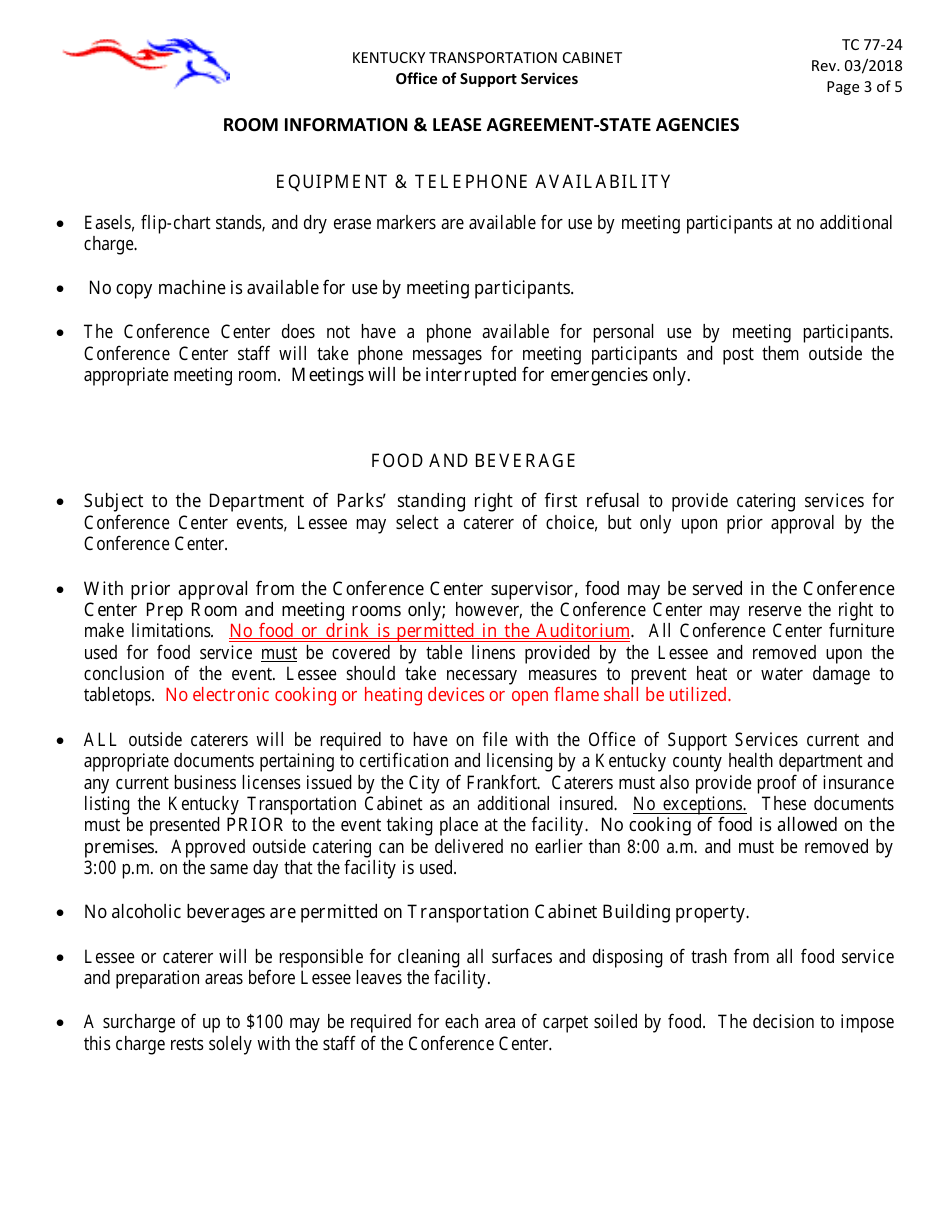 Form TC77-24 Room Information and Lease Agreement - State Agencies - Kentucky, Page 3