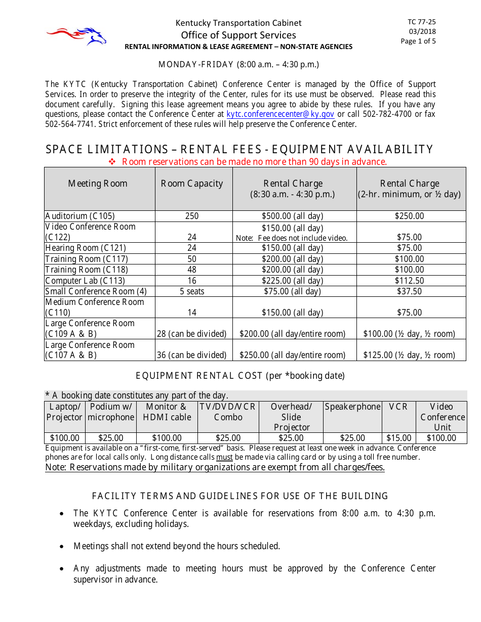 Form TC77-25 Rental Information and Lease Agreement - Non-state Agencies - Kentucky, Page 1