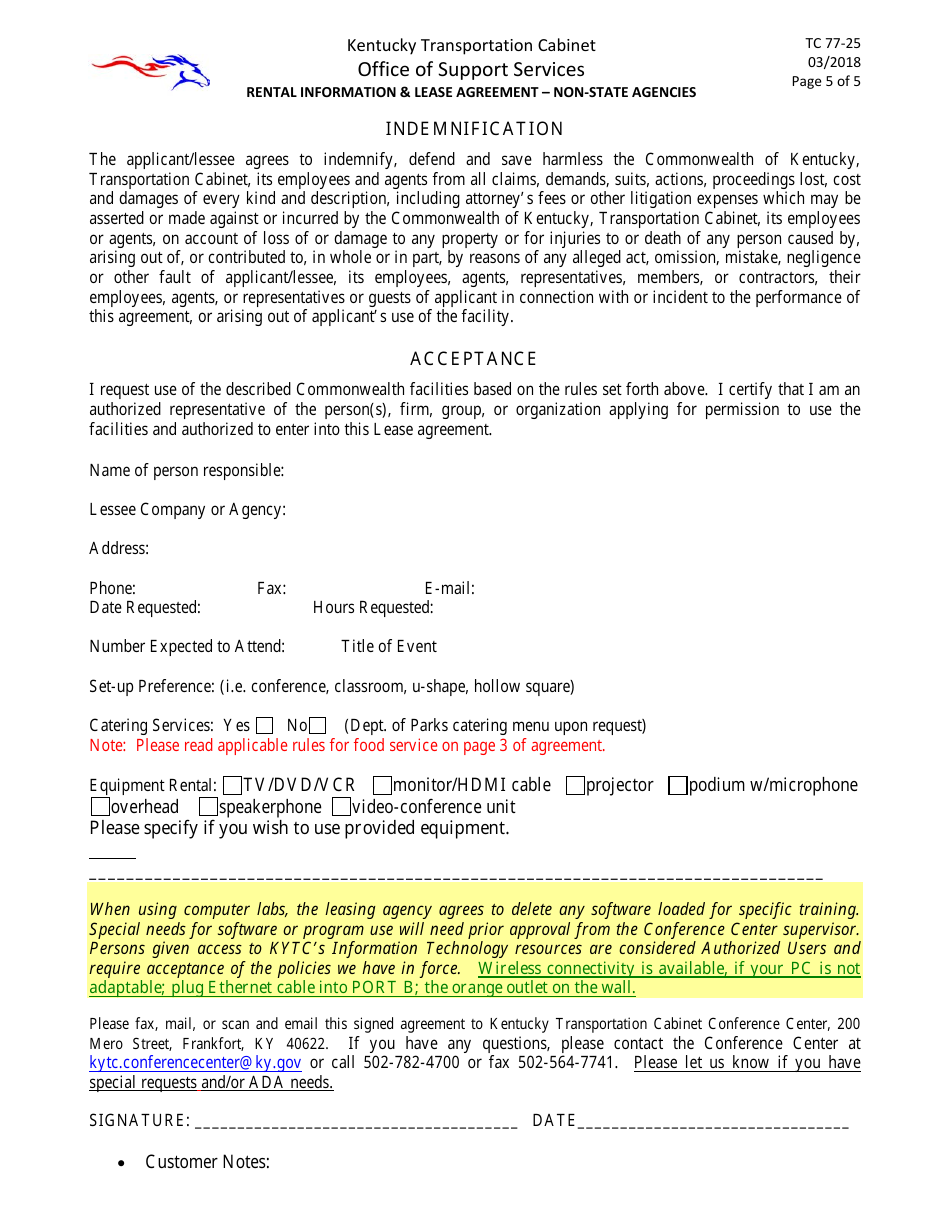 Form TC77-25 Rental Information and Lease Agreement - Non-state Agencies - Kentucky, Page 5