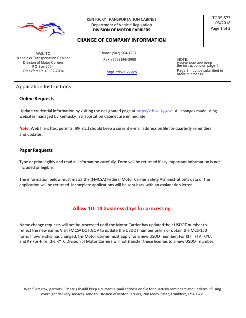 Form TC95-573 Change of Company Information - Kentucky