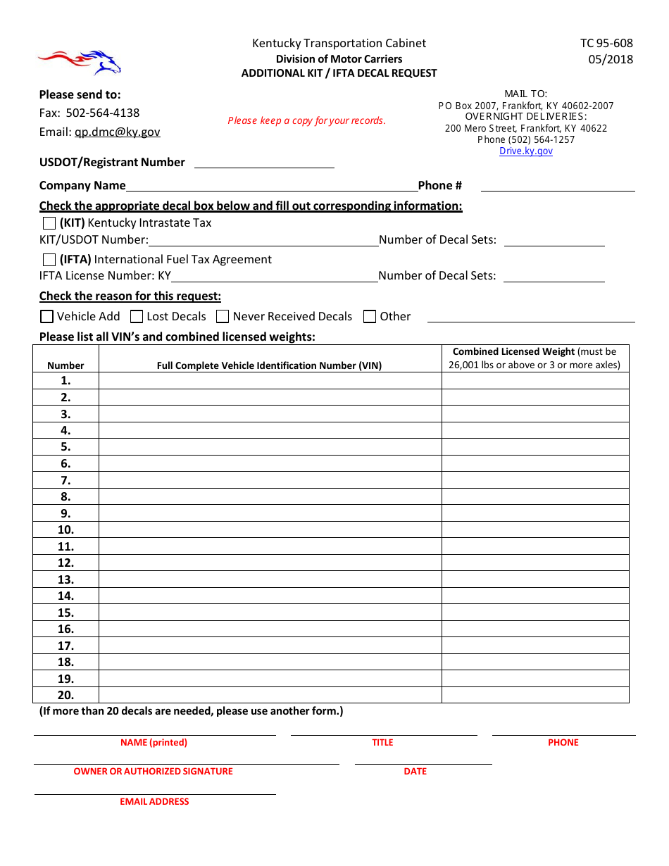 Form TC95-608 Additional Kit / Ifta Decal Request - Kentucky, Page 1