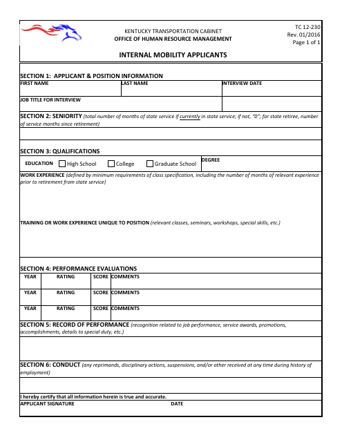 Form TC12-230 Internal Mobility Applicants - Kentucky