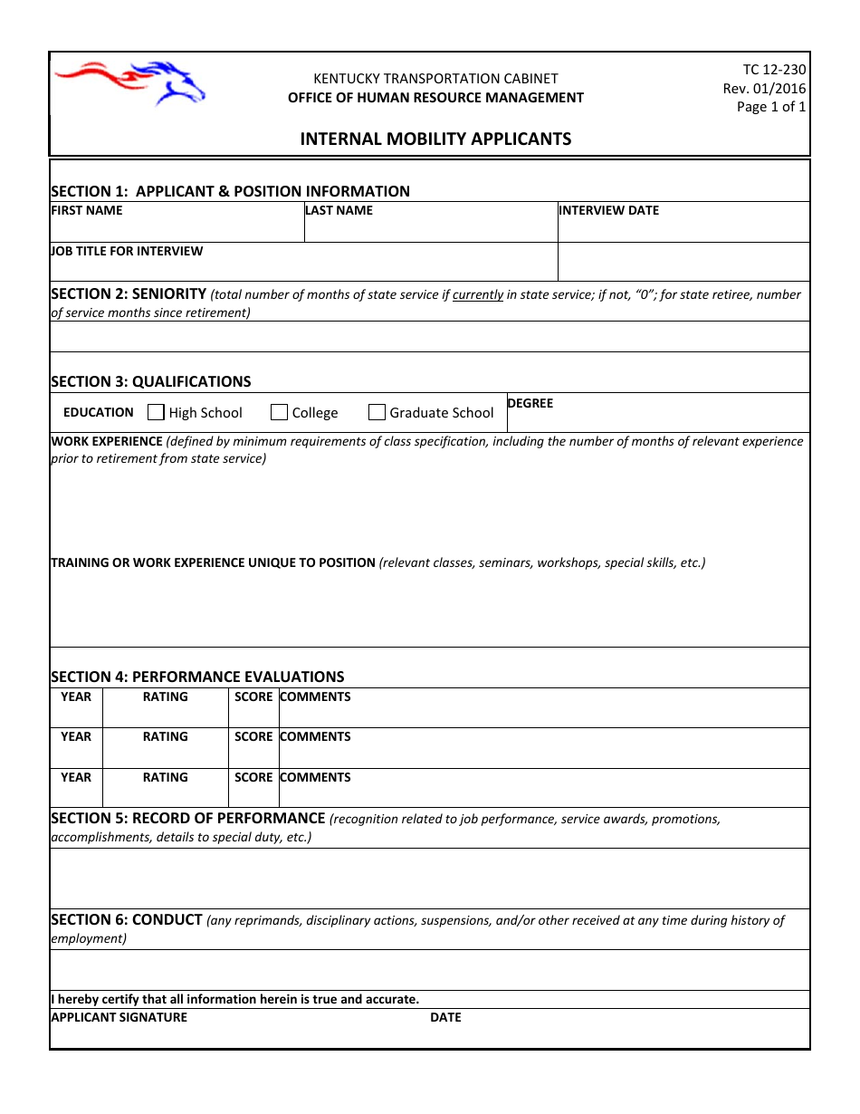 Form TC12-230 Internal Mobility Applicants - Kentucky, Page 1