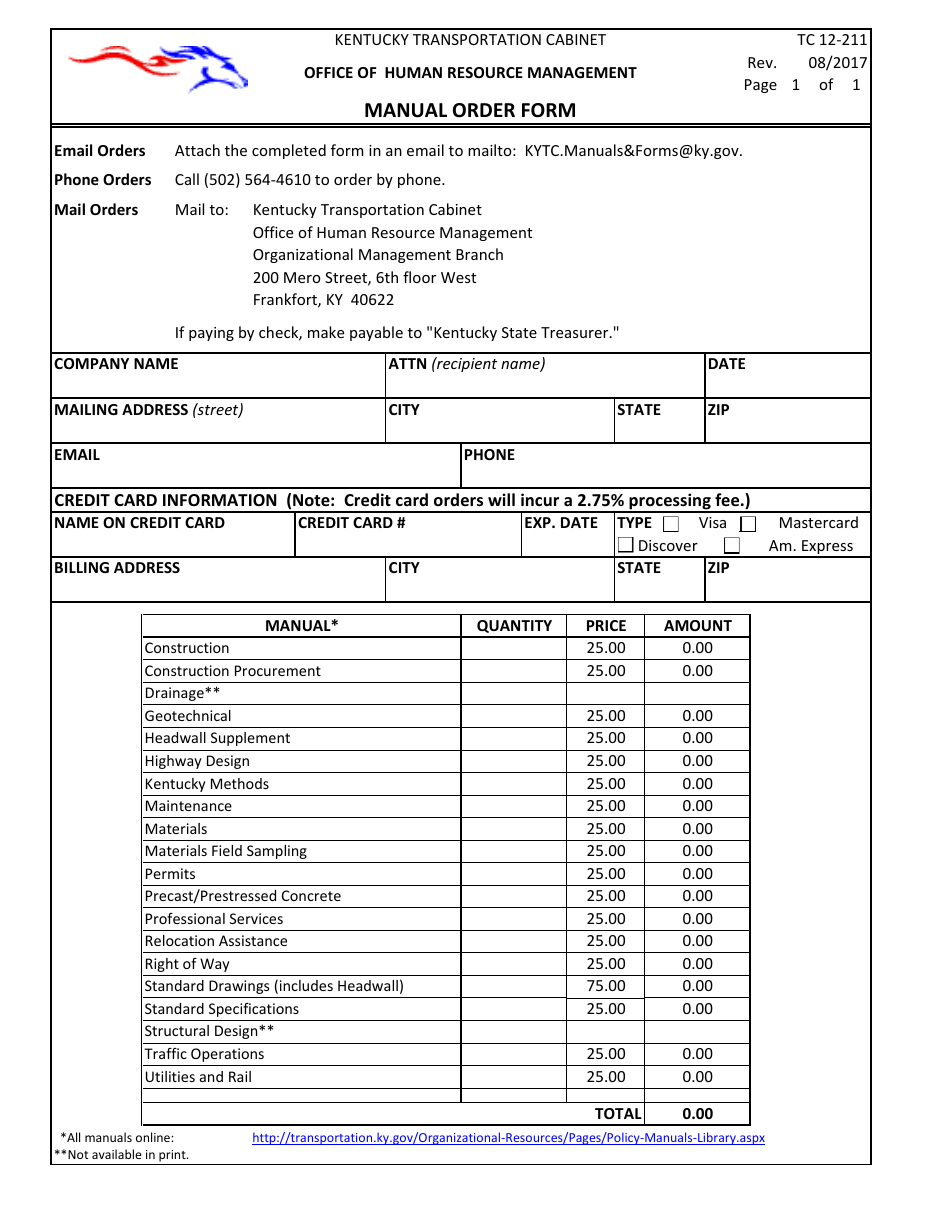 Form TC12-211 Manual Order Form - Kentucky, Page 1