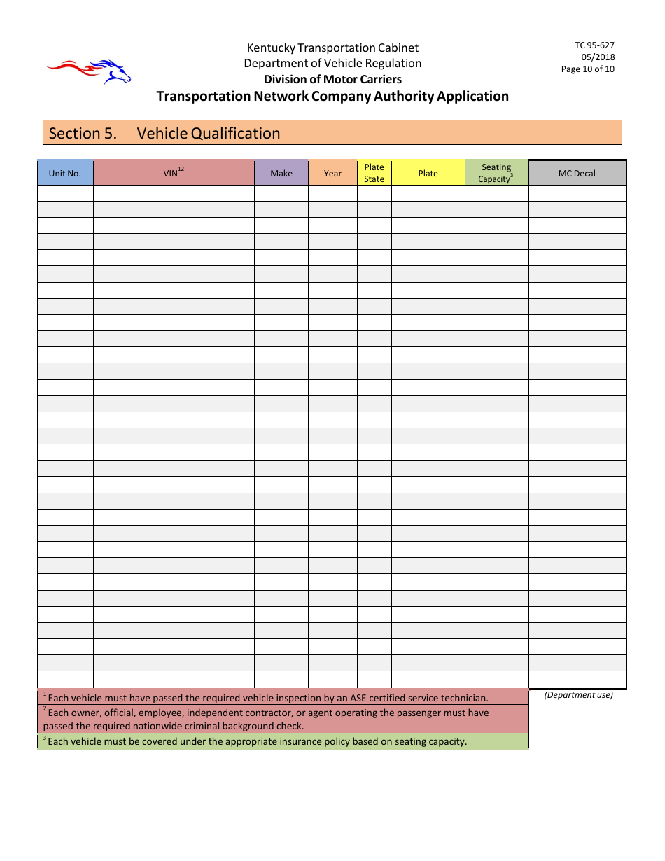 Form TC95-627 Transportation Network Company Authority Application - Kentucky, Page 10