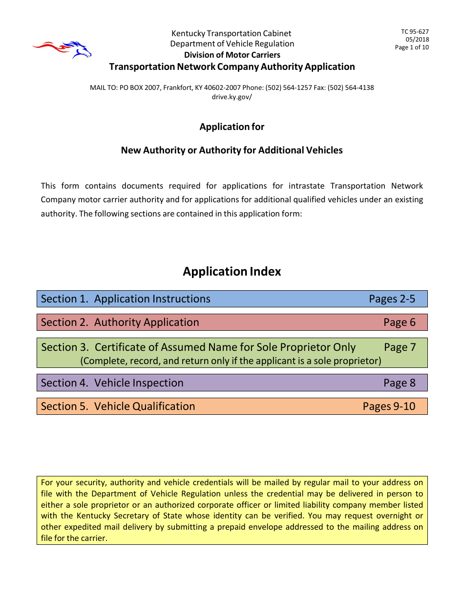Form TC95-627 Transportation Network Company Authority Application - Kentucky, Page 1