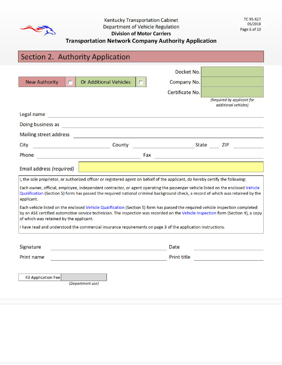 Form TC95-627 Transportation Network Company Authority Application - Kentucky, Page 6