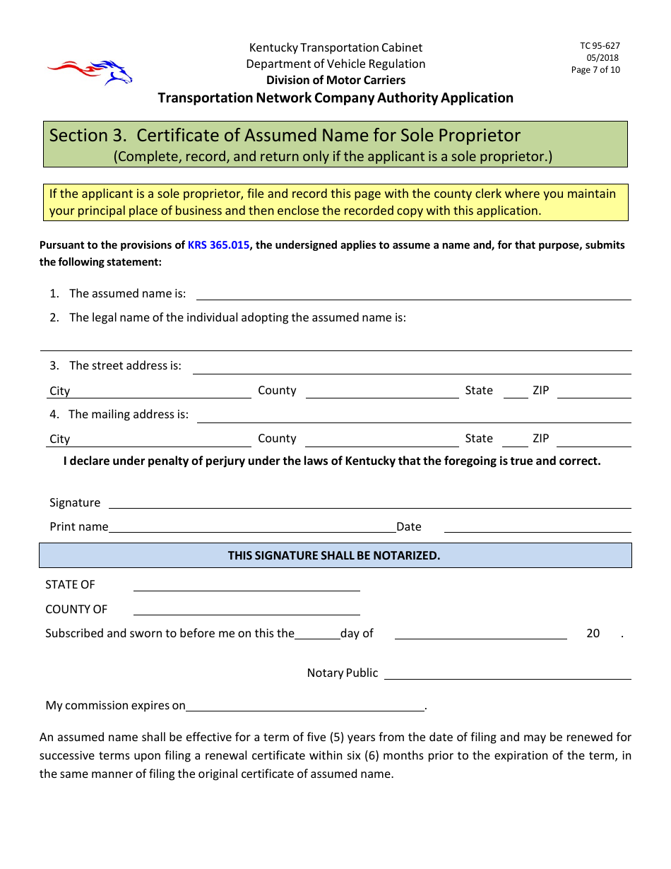 Form TC95-627 Transportation Network Company Authority Application - Kentucky, Page 7