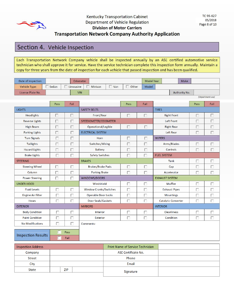 Form TC95-627 Transportation Network Company Authority Application - Kentucky, Page 8