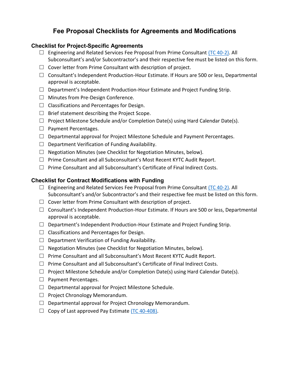 Fee Proposal Checklists for Agreements and Modifications - Kentucky, Page 1