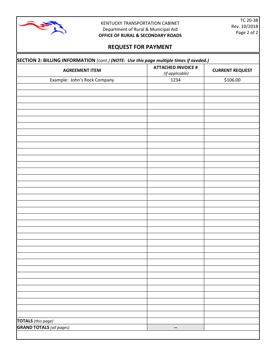 Form TC20-38 Request for Payment - Kentucky, Page 2