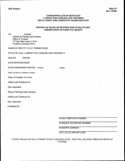 Form DSS-177 Report of Filing of Petition for Involuntary Termination of Parental Rights - Kentucky