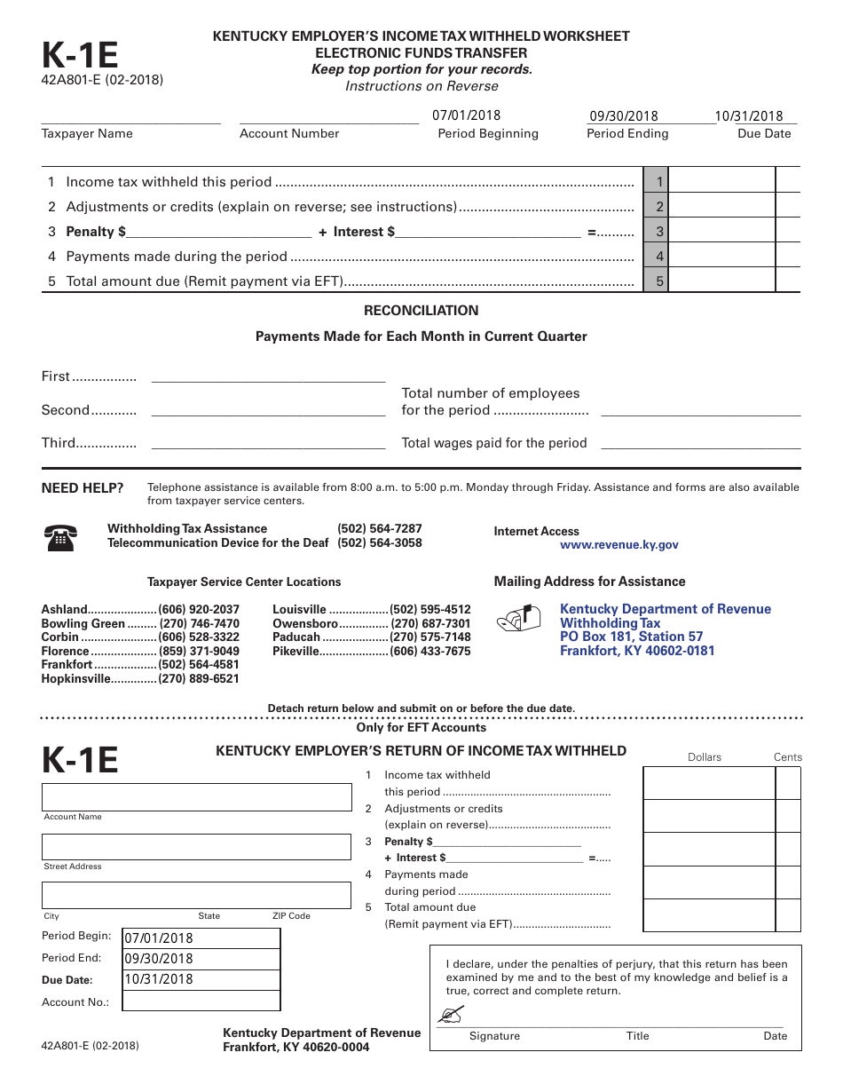 Form 42A801-E (K-1E) Kentucky Employers Income Tax Withheld Worksheet - Electronic Funds Transfer - Kentucky, Page 1