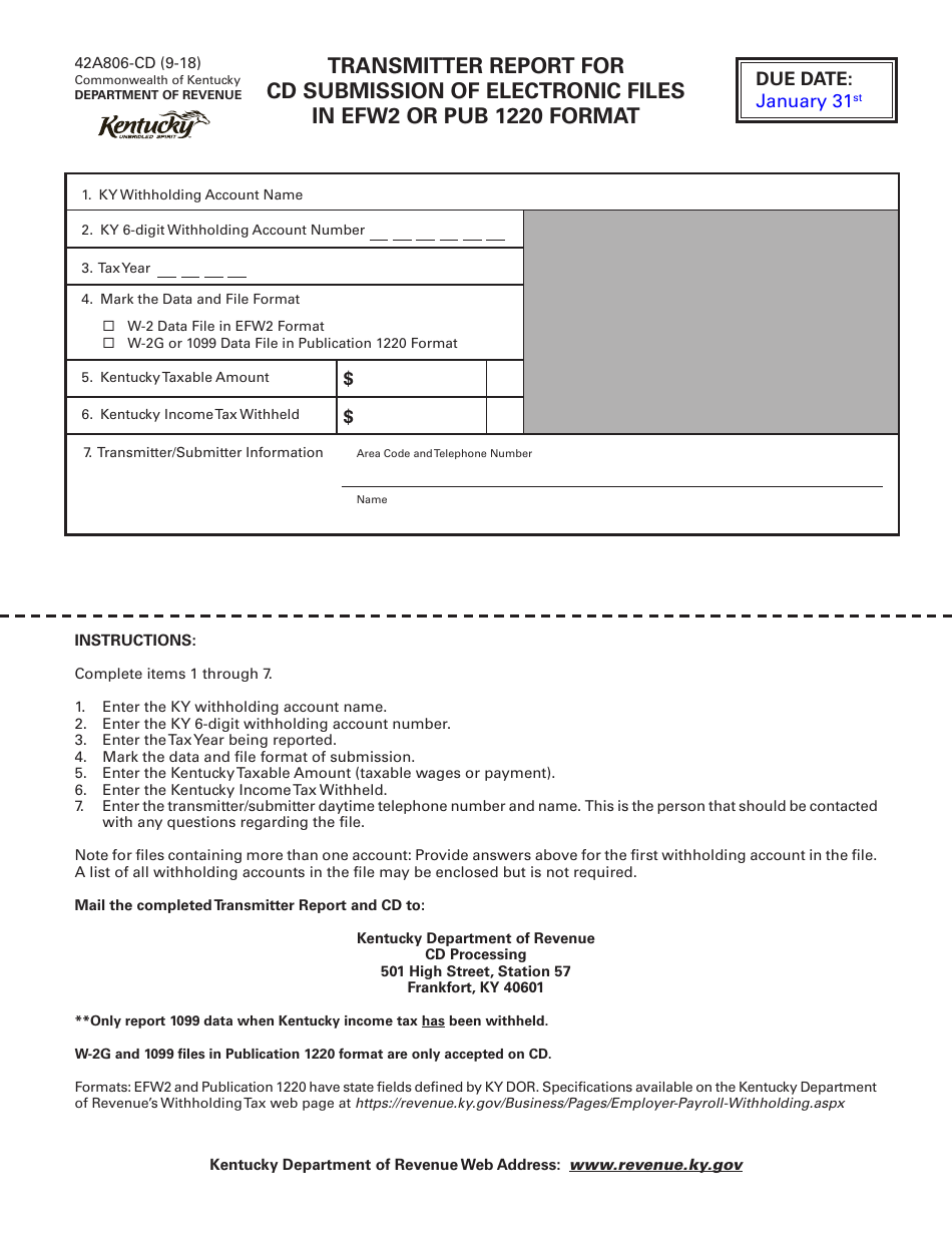 Form 42A806-CD Transmitter Report for Cd Submission of Electronic Files in Efw2 or Pub 1220 Format - Kentucky, Page 1