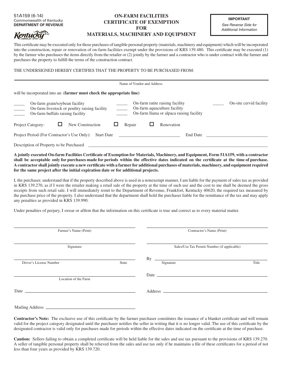 Form 51A159 On-Farm Facilities Certificate of Exemption for Materials, Machinery and Equipment - Kentucky, Page 1