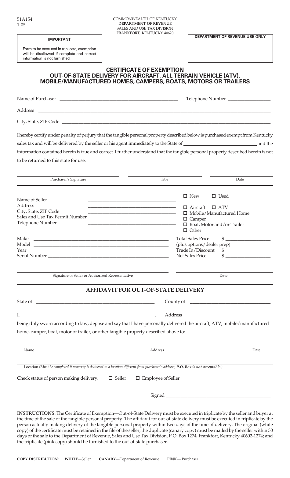 Form 51A154 Certificate of Exemption Out-of-State Delivery for Aircraft, All Terrain Vehicle (Atv), Mobile / Manufactured Homes, Campers, Boats, Motors or Trailers - Kentucky, Page 1