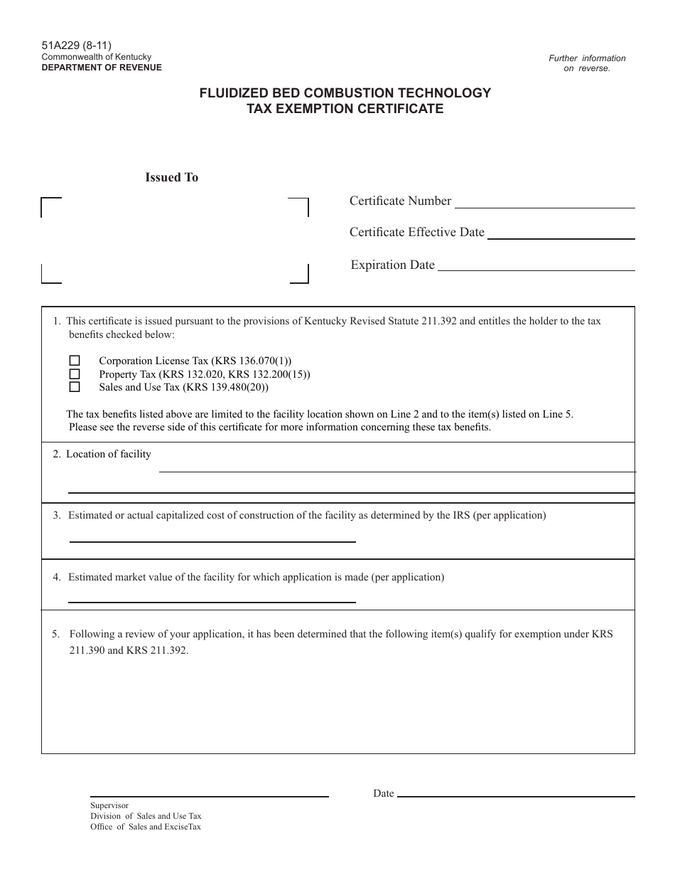 Form 51A229 Fluidized Bed Combustion Technology Tax Exemption Certificate - Kentucky, Page 1