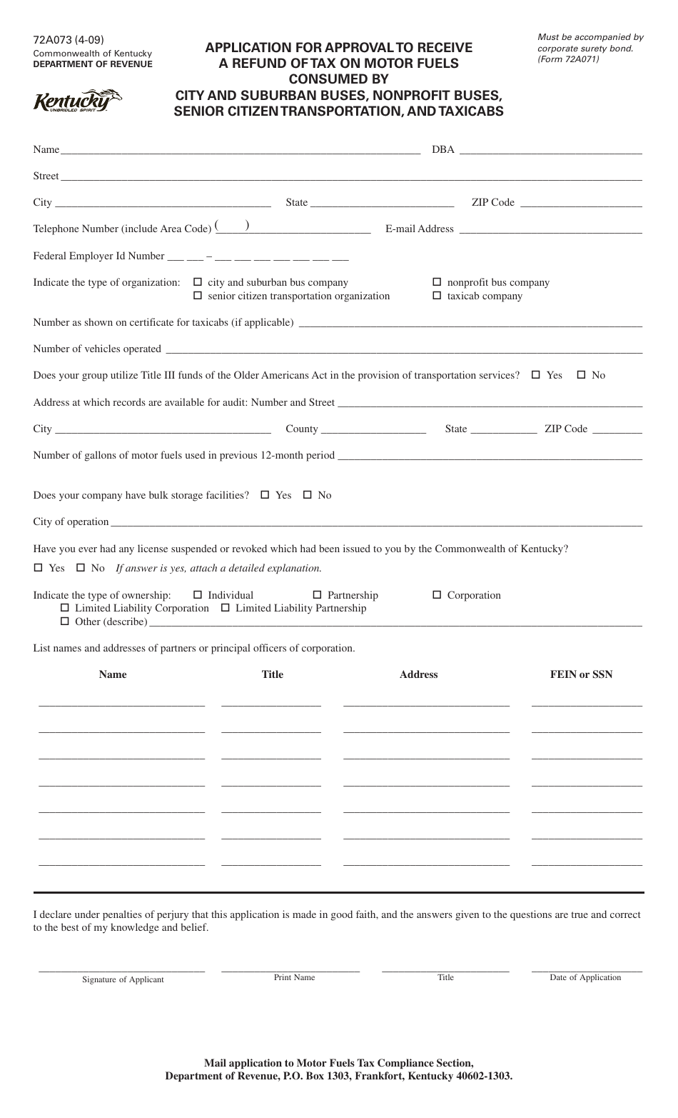 Form 72A073 Application for Approval to Receive a Refund of Tax on Motor Fuels Consumed by City and Suburban Buses, Nonprofit Buses, Senior Citizen Transportation, and Taxicabs - Kentucky, Page 1