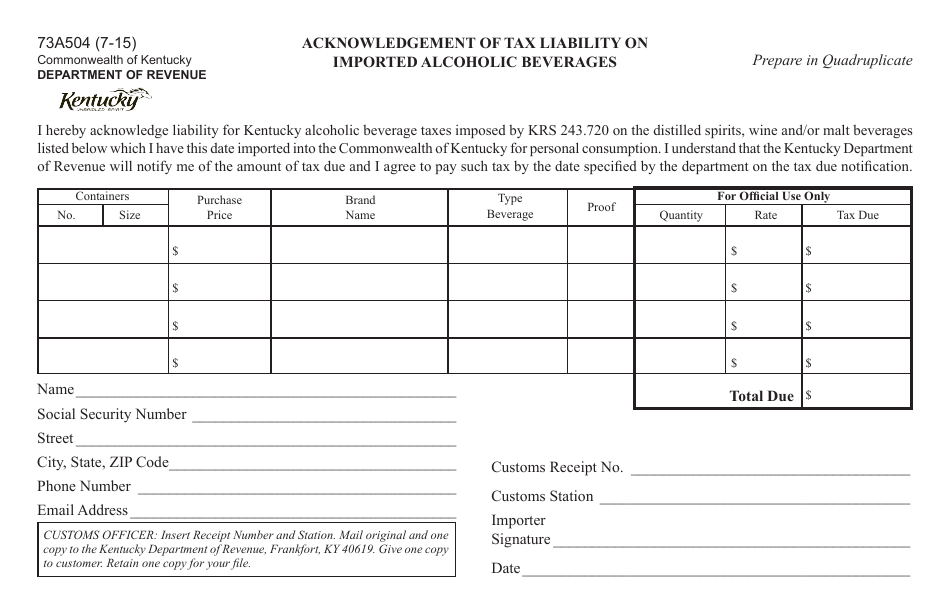 Form 73A504 Acknowledgement of Tax Liability on Imported Alcoholic Beverages - Kentucky, Page 1