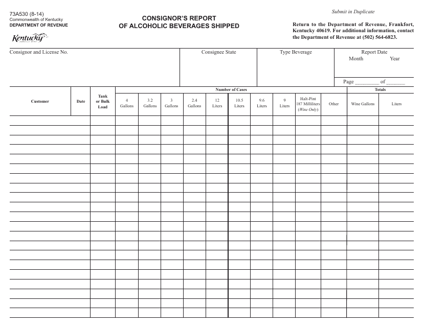 Form 73A530 Consignor's Report of Alcoholic Beverages Shipped - Kentucky