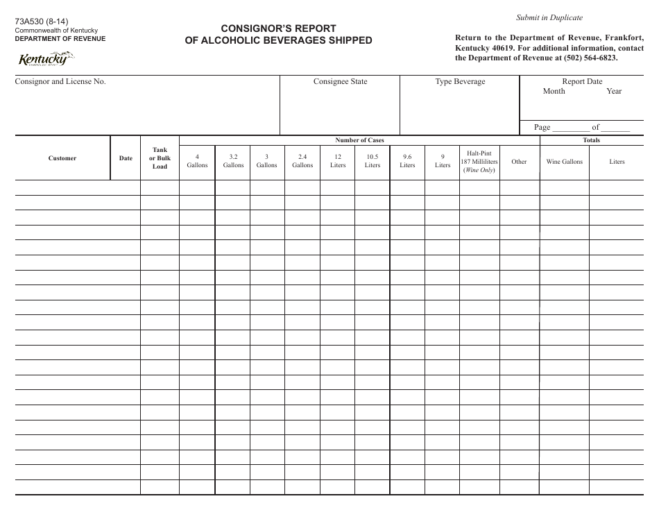 Form 73A530 Consignors Report of Alcoholic Beverages Shipped - Kentucky, Page 1