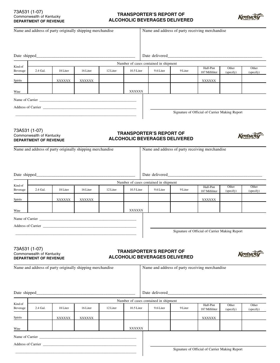Form 73A531 Transporters Report of Alcoholic Beverages Delivered - Kentucky, Page 1