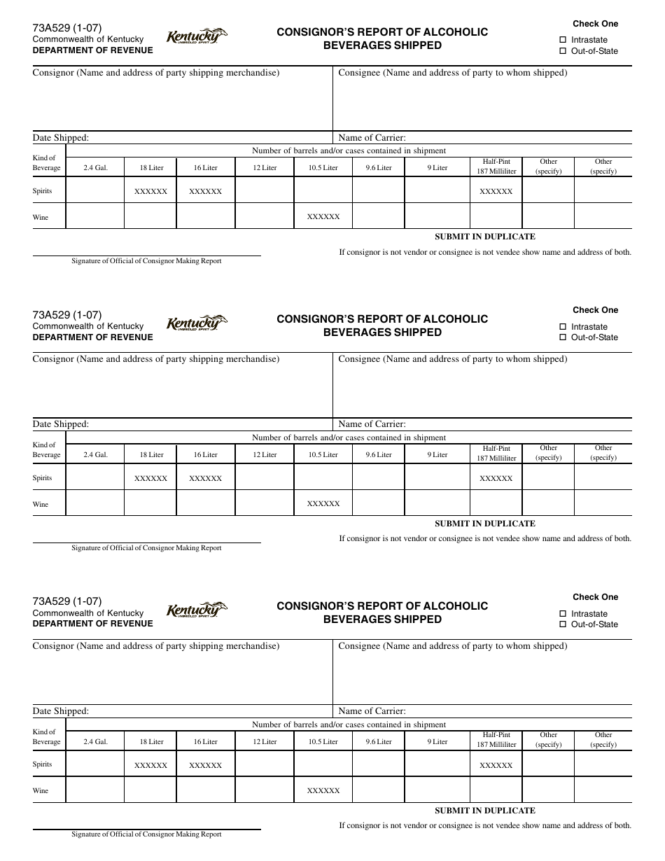 Form 73A529 Consignors Report of Alcoholic Beverages Shipped - Kentucky, Page 1