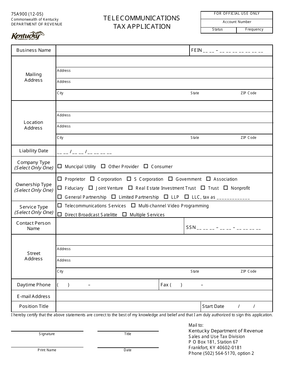 Form 75A900 Telecommunications Tax Application - Kentucky, Page 1