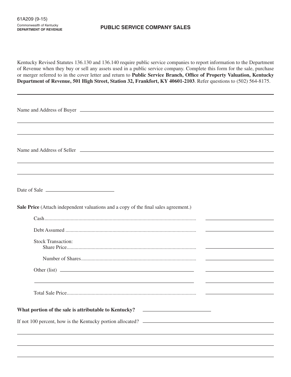 Form 61A209 Public Service Company Sales - Kentucky, Page 1