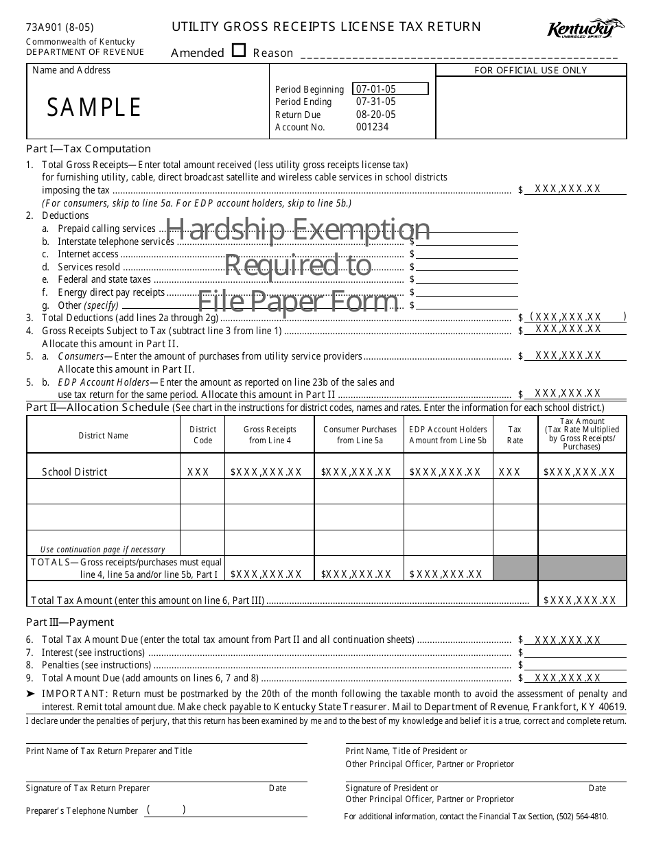 Sample Form 73A901 Utility Gross Receipts License Tax Return - Kentucky, Page 1