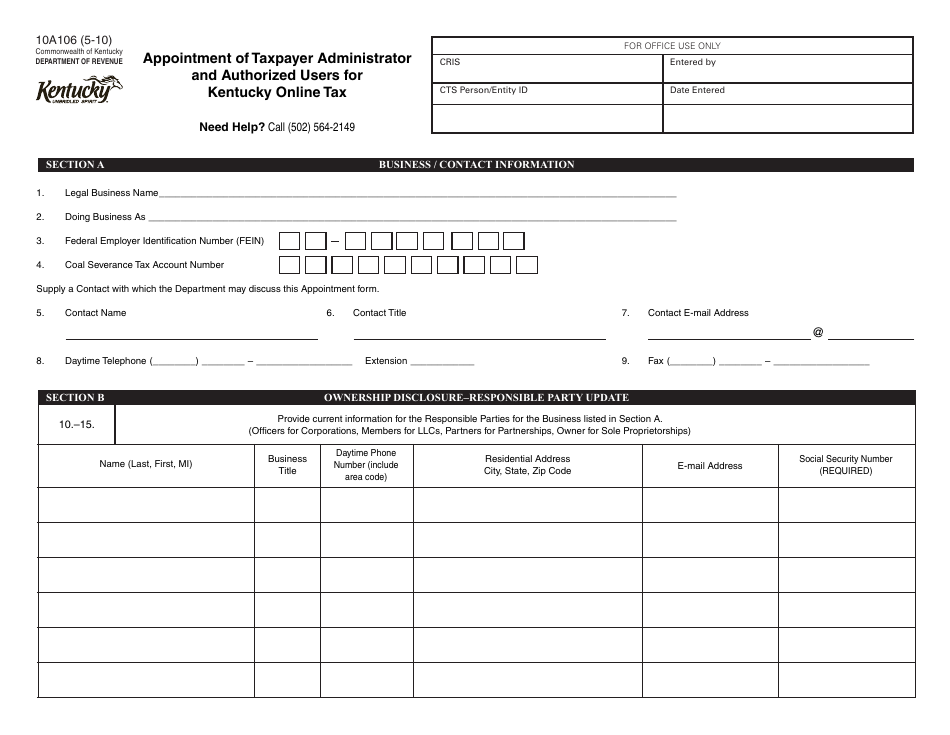 Form 10A106 Appointment of Taxpayer Administrator and Authorized Users for Kentucky Online Tax - Kentucky, Page 1