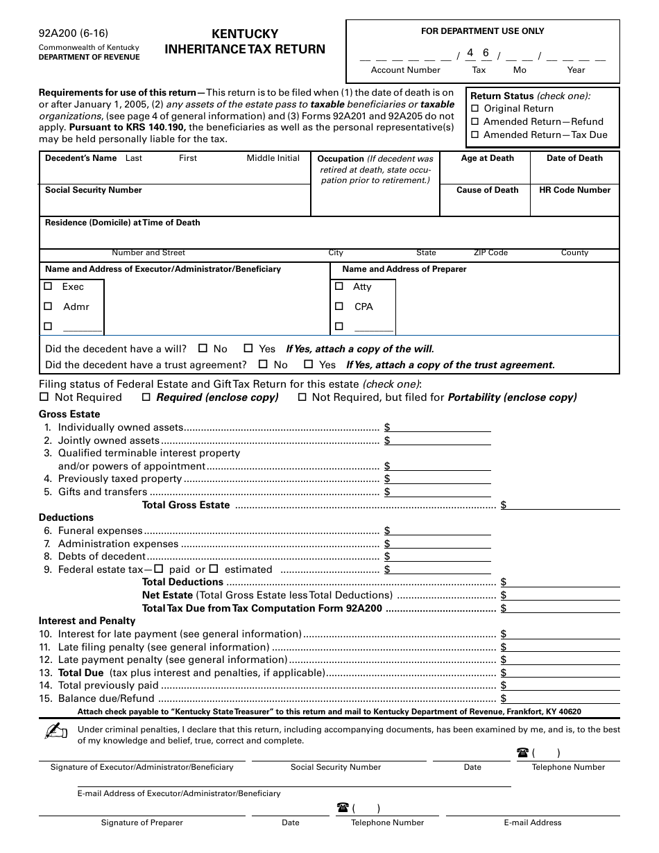 Form 92A200 Kentucky Inheritance Tax Return - Kentucky, Page 1