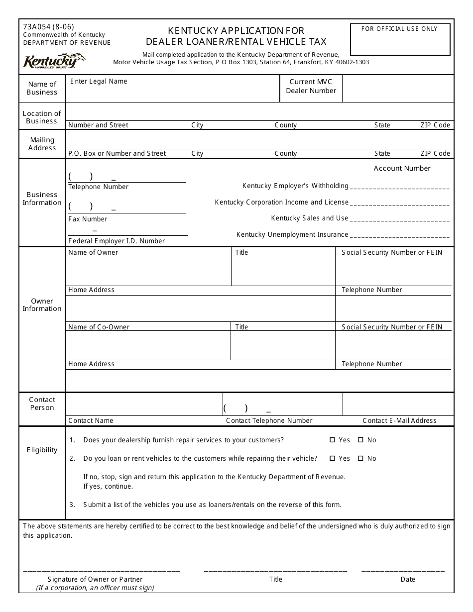Form 73A054 Kentucky Application for Dealer Loaner / Rental Vehicle Tax - Kentucky, Page 1
