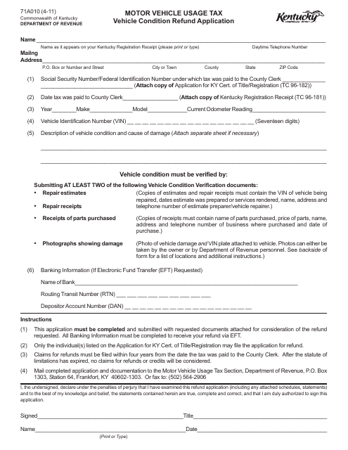 Form 71A010 Vehicle Condition Refund Application - Motor Vehicle Usage Tax - Kentucky