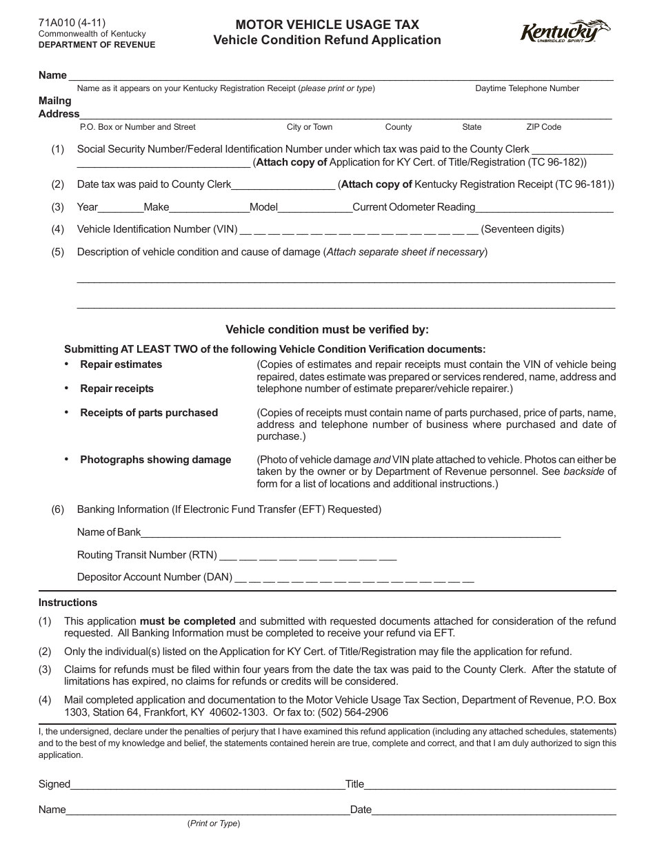 Form 71A010 Vehicle Condition Refund Application - Motor Vehicle Usage Tax - Kentucky, Page 1