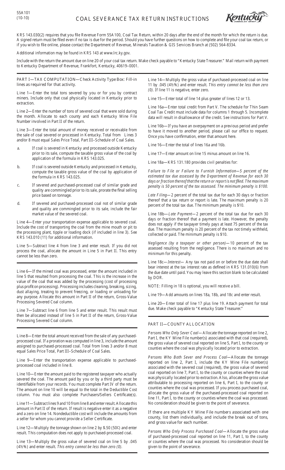 Instructions for Form 55A100 Coal Severance Tax Return - Kentucky, Page 1