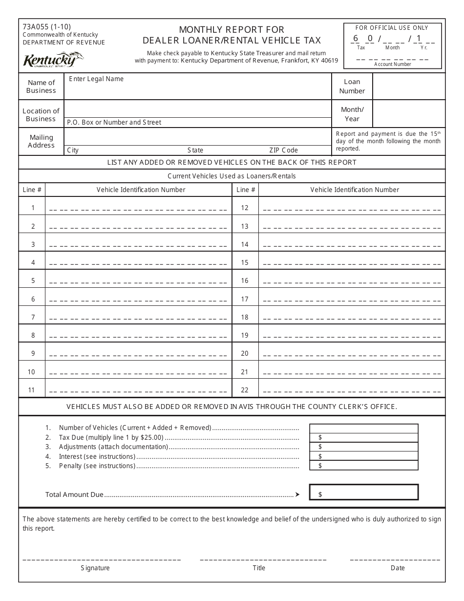 Form 73A055 Monthly Report for Dealer Loaner / Rental Vehicle Tax - Kentucky, Page 1