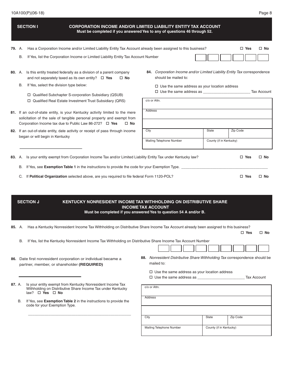 Form 10A100(P) Kentucky Tax Registration Application - Kentucky, Page 10