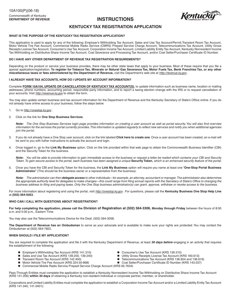 Form 10A100(P) Kentucky Tax Registration Application - Kentucky, Page 15