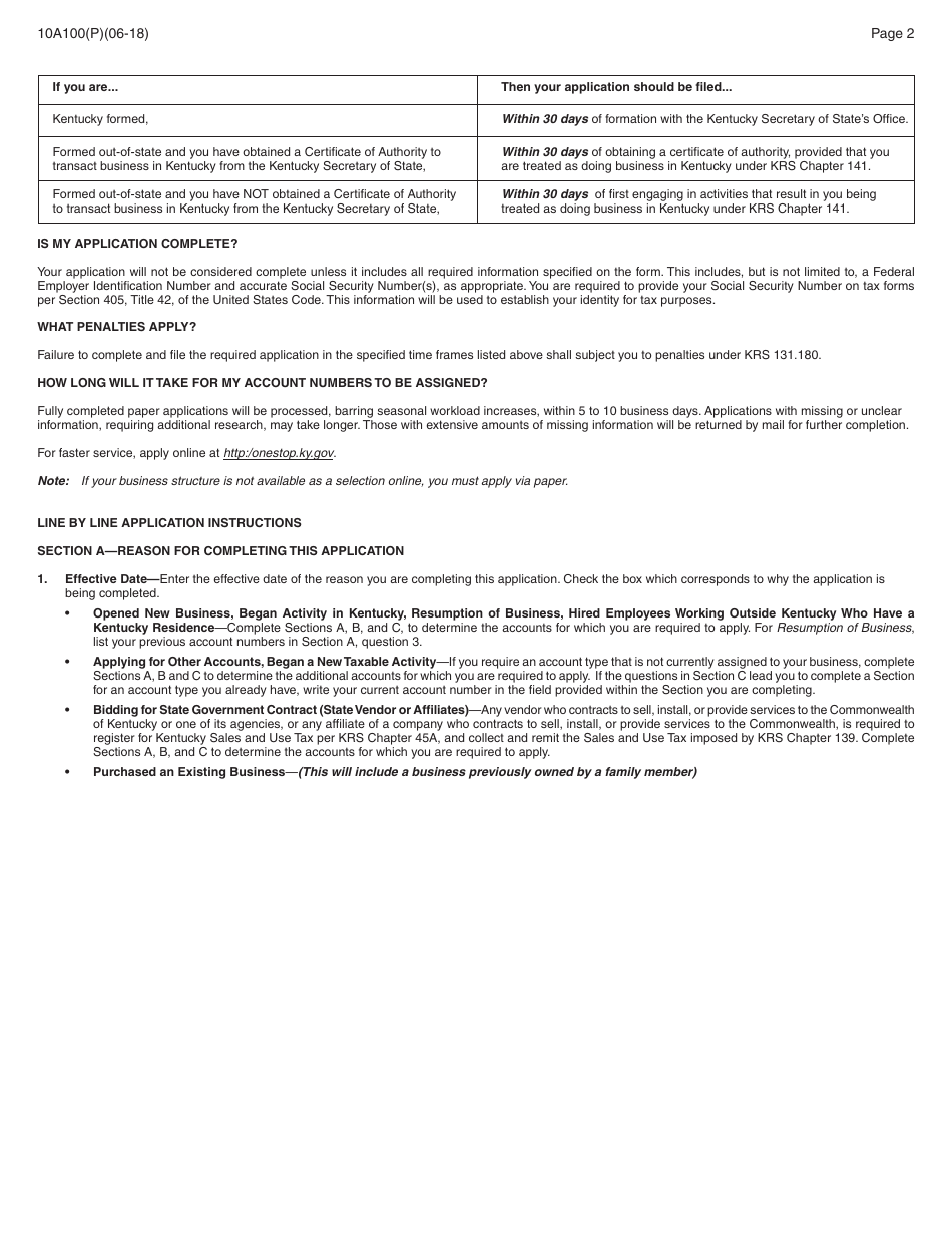 Form 10A100(P) Kentucky Tax Registration Application - Kentucky, Page 16
