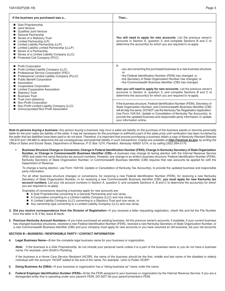 Form 10A100(P) Kentucky Tax Registration Application - Kentucky, Page 17