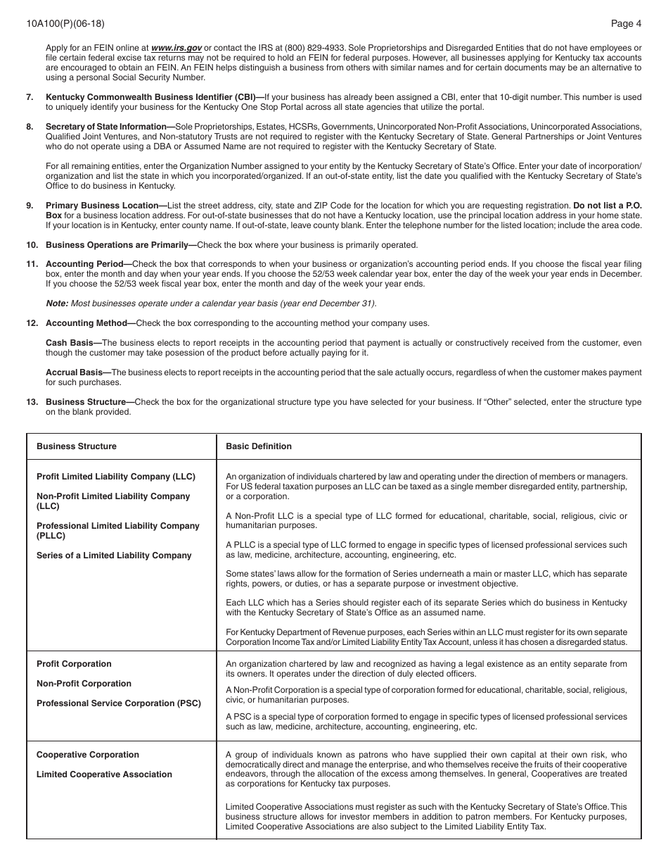 Form 10A100(P) Kentucky Tax Registration Application - Kentucky, Page 18