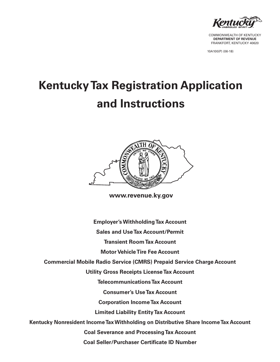 Form 10A100(P) Kentucky Tax Registration Application - Kentucky, Page 1