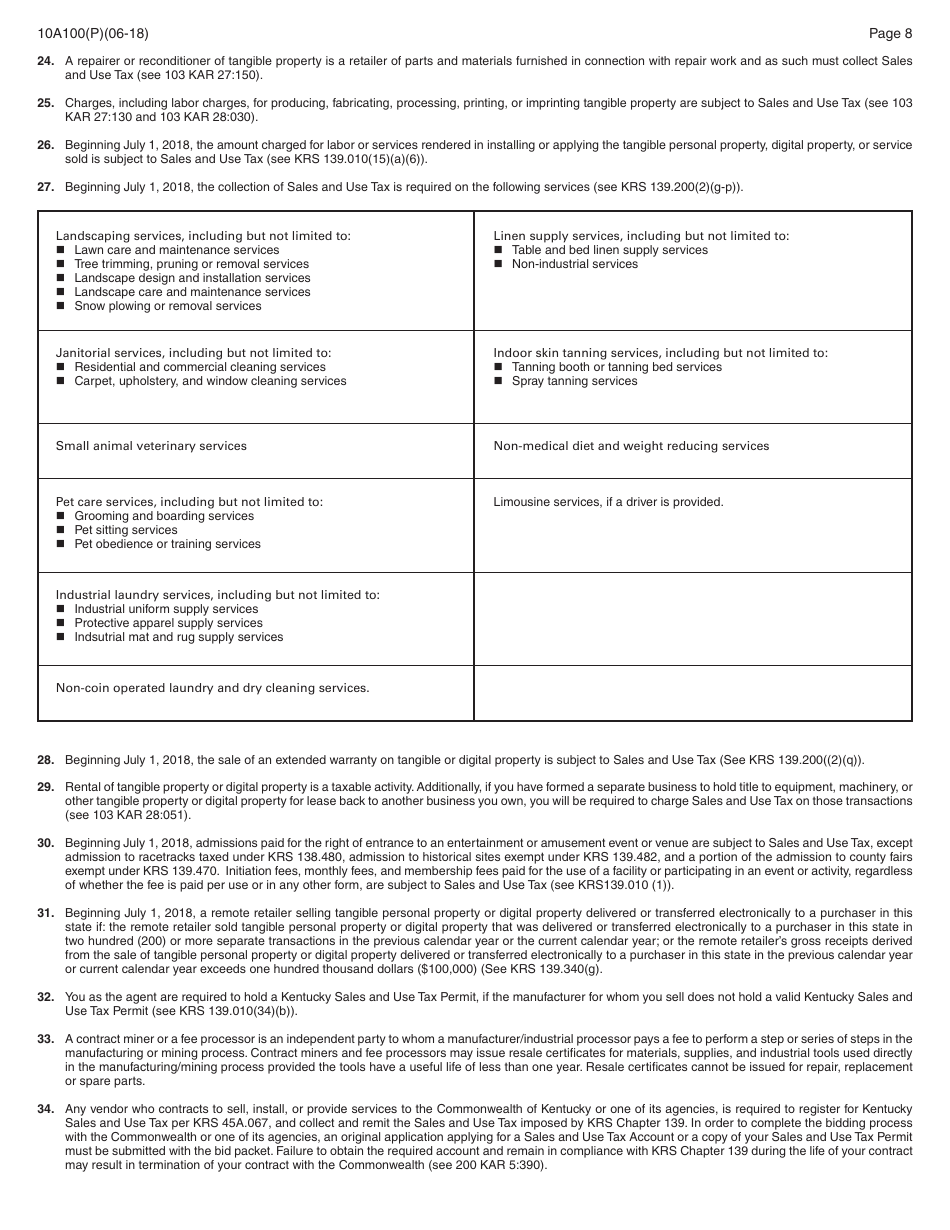 Form 10A100(P) Kentucky Tax Registration Application - Kentucky, Page 22