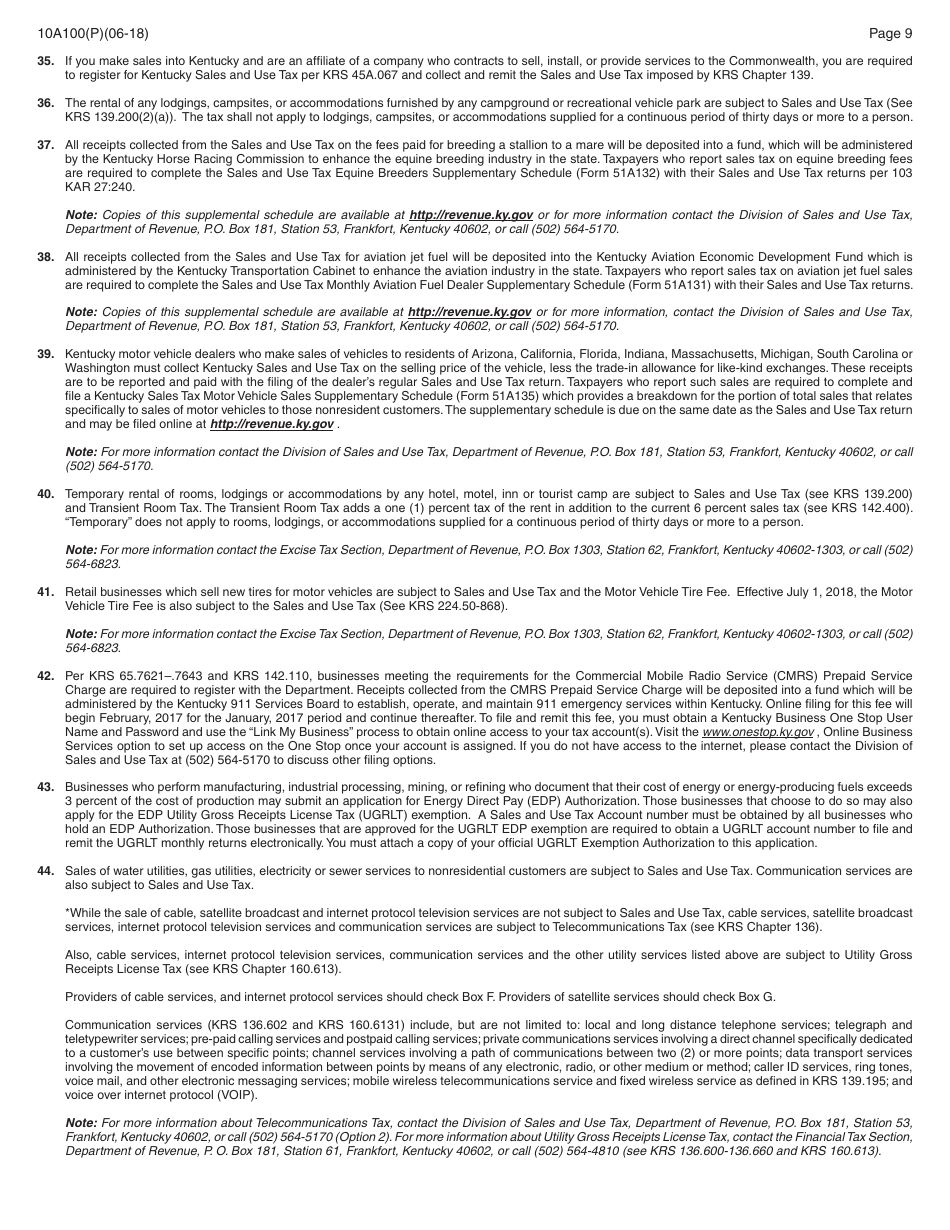 Form 10A100(P) Kentucky Tax Registration Application - Kentucky, Page 23