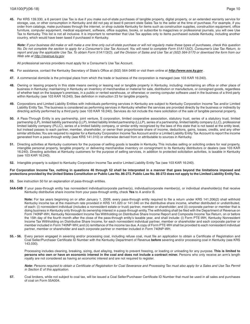 Form 10A100(P) Kentucky Tax Registration Application - Kentucky, Page 24